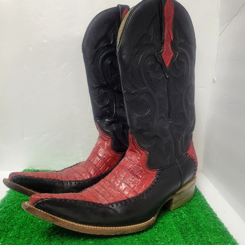 Besserro Leather Caiman Lizard Tail Snip Toe Red Black Western Boots Sz 25 / 7